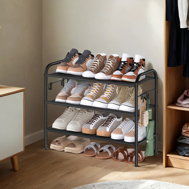 3 Tier Fabric Shoe Rack with Hooks Space Saving Shoe Storage Organiser by Songmics