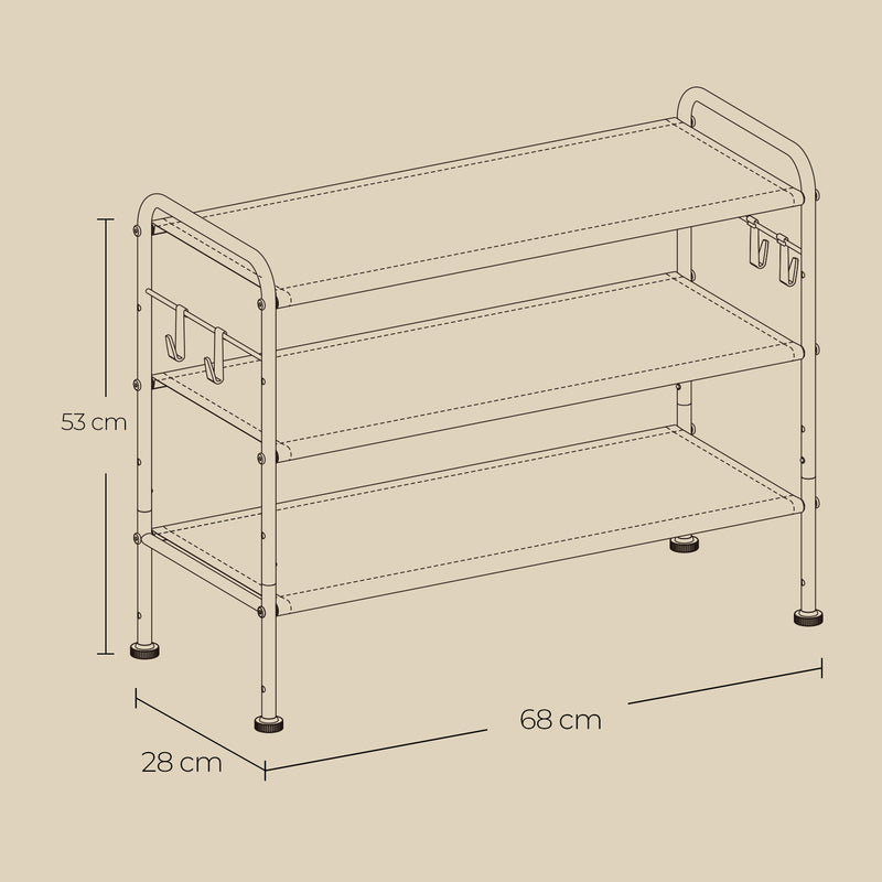 3 Tier Fabric Shoe Rack with Hooks Space Saving Shoe Storage Organiser by Songmics