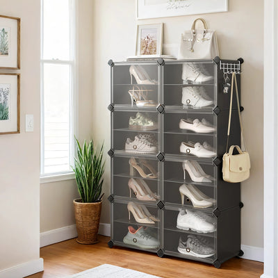 16 Slot Modular Plastic Shoe Rack Cabinet for Organised Entryway Storage by Songmics