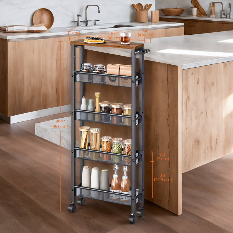 5 Tier Slim Rolling Storage Cart with Handle and Sturdy Metal Frame by Vasagle