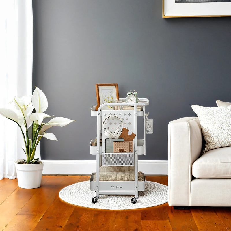 3 Tier Rolling Utility Cart with Removable Pegboards for Storage and Organisation by Songmics