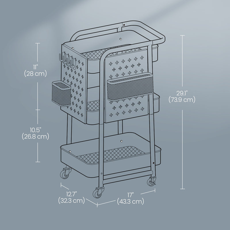 3 Tier Rolling Utility Cart with Removable Pegboards for Storage and Organisation by Songmics