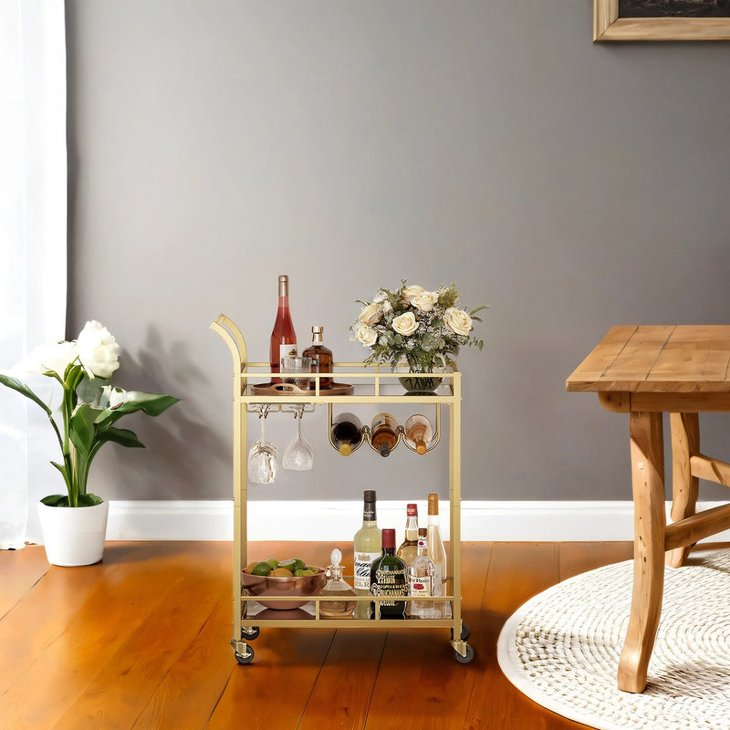 Gold Bar Cart with Mirrored Shelves for Home Entertaining and Wine Storage by Vasagle