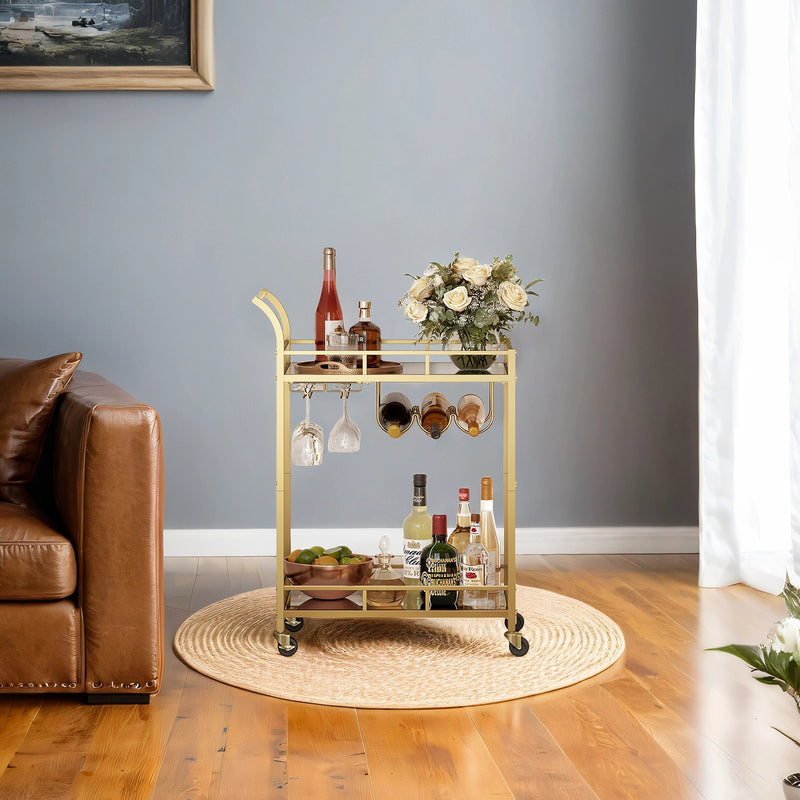 Gold Bar Cart with Mirrored Shelves for Home Entertaining and Wine Storage by Vasagle