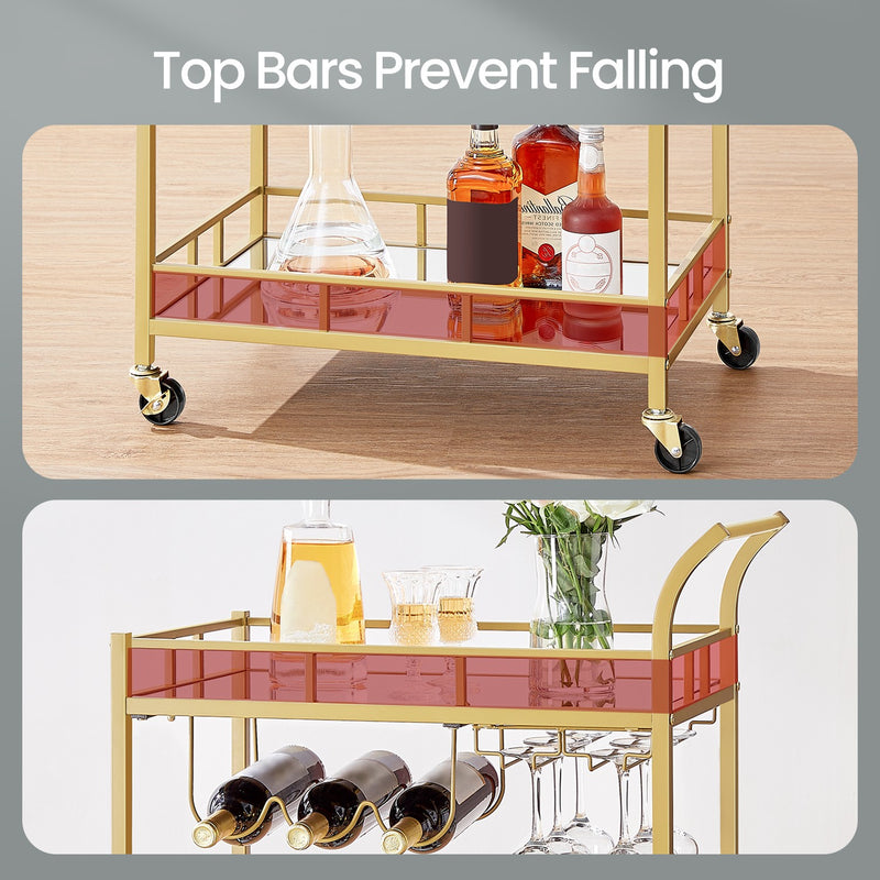 Gold Bar Cart with Mirrored Shelves for Home Entertaining and Wine Storage by Vasagle