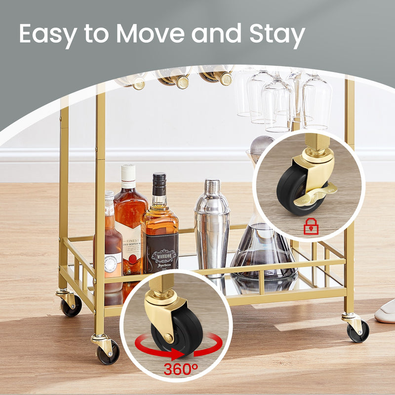 Gold Bar Cart with Mirrored Shelves for Home Entertaining and Wine Storage by Vasagle