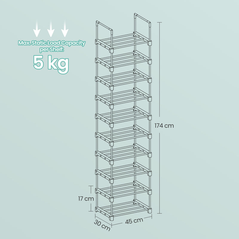 10 Tier Metal Shoe Rack with Customisable Shelves for Organised Storage by Songmics