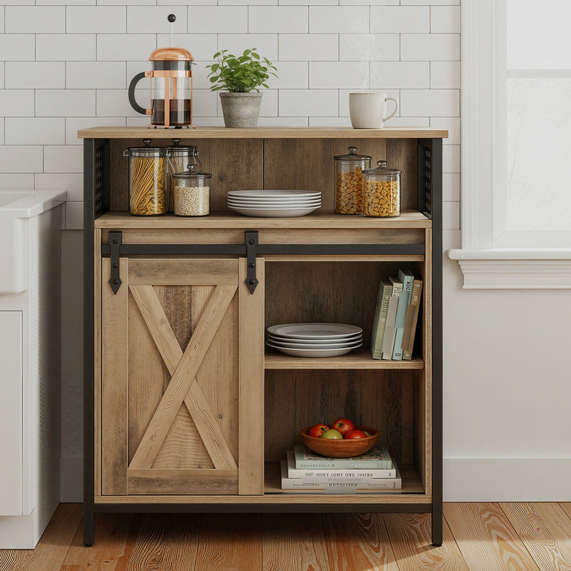 Kitchen Sideboard Cabinet - Rustic Style With Sliding Barn Door - 70x30x80cm