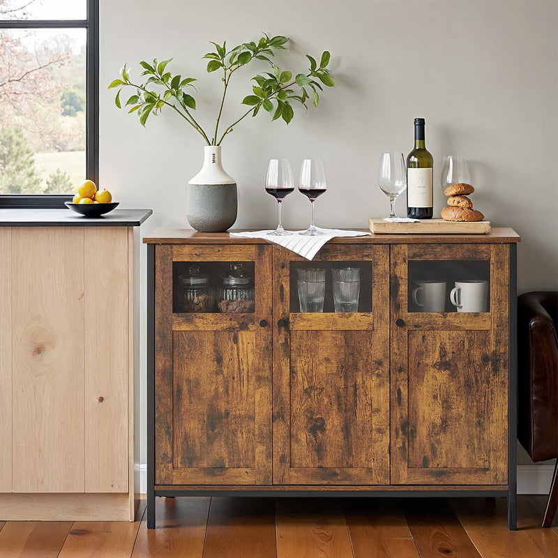 Sideboard Cabinet For Dining Room - Glass Doors and Adjustable Shelves - Industrial Style VASAGLE