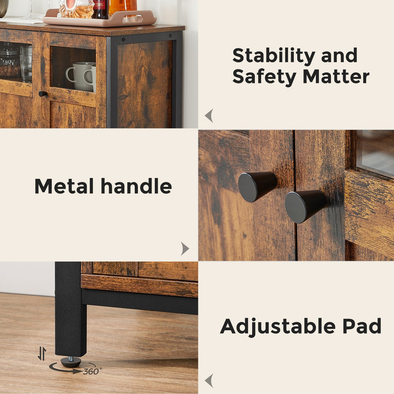 Sideboard Cabinet For Dining Room - Glass Doors and Adjustable Shelves - Industrial Style VASAGLE