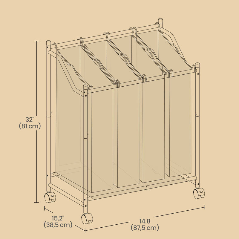 Rolling Laundry Basket with 4 Removable Sorting Bags and Wheels for Easy Transport by Songmics