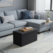 Close-up of the tufted linen-look fabric top on the storage ottoman