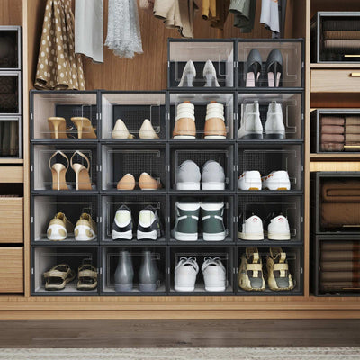 Stackable Shoe Storage Boxes Pack of 18 Clear Organisers with Front Door by Songmics