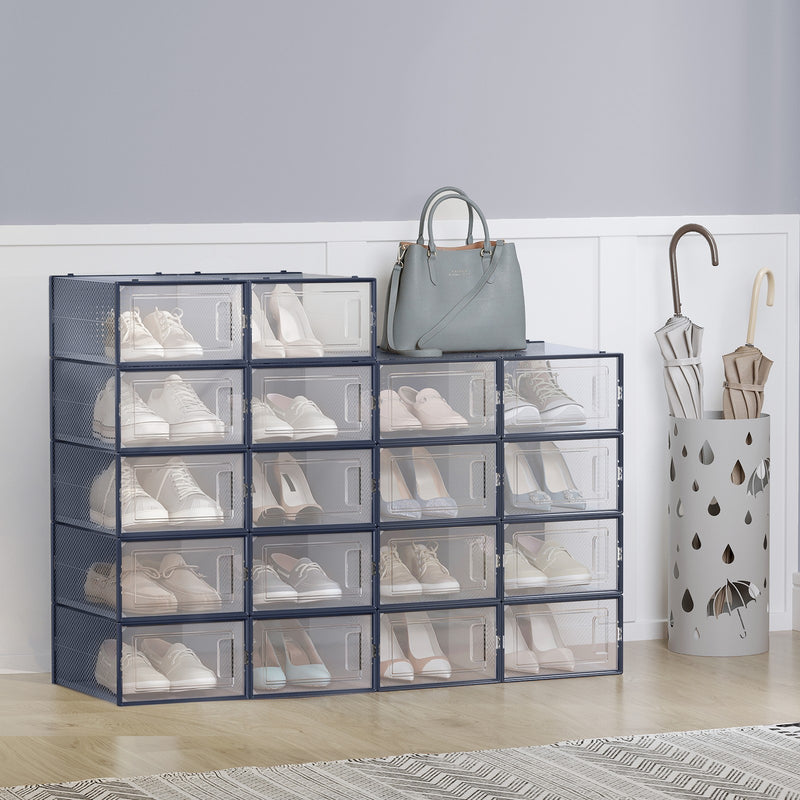 Stackable Shoe Storage Boxes Pack of 18 Clear Plastic Organisers with Front Door by Songmics