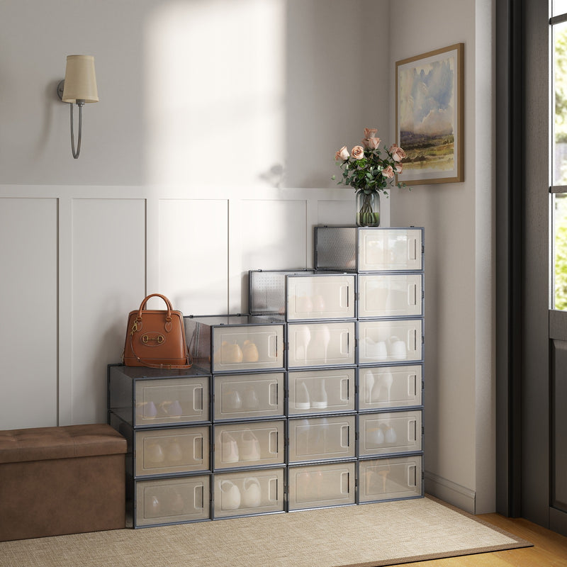 Stackable Shoe Storage Boxes Pack of 18 Clear Plastic Organisers with Front Door by Songmics