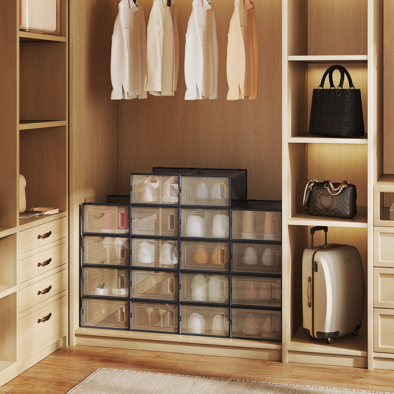 Stackable Shoe Storage Boxes Pack of 18 Clear Plastic Organisers with Front Door by Songmics