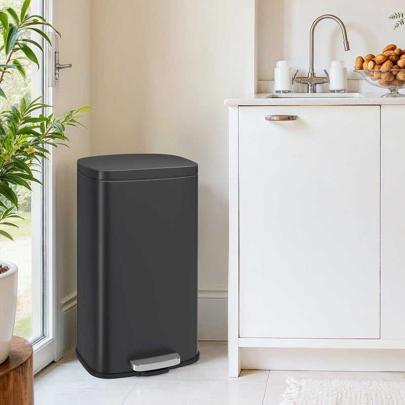 30L Black Kitchen Bin with Soft Close Lid and Removable Inner Bucket by Songmics