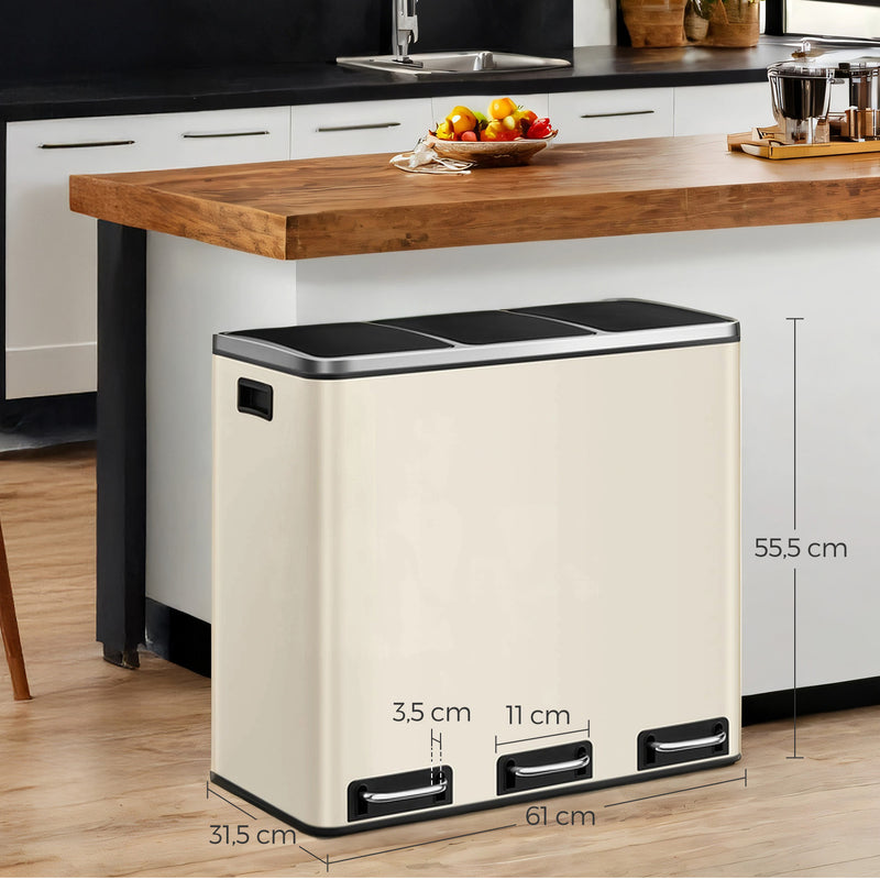 Triple Compartment Kitchen Recycling Bin 3 x 18L Waste Separator with Lids by Songmics