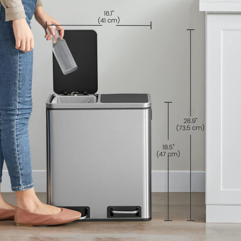 30L Double Kitchen Pedal Bin with Inner Buckets for Waste and Recycling by Songmics