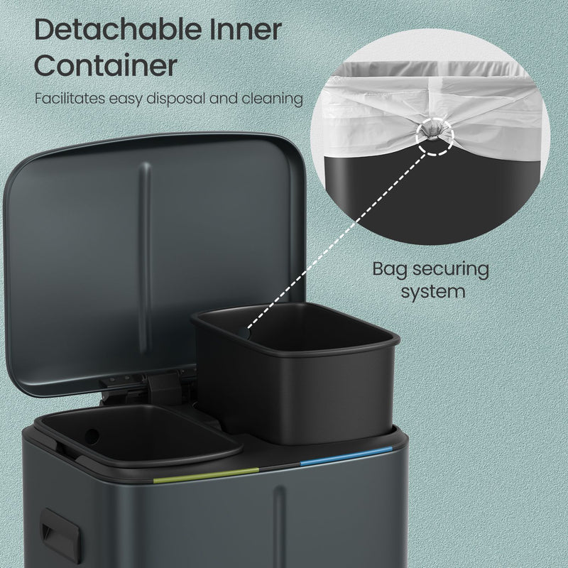 40L Dual Kitchen Bin with Soft Close Lids and Removable Inner Buckets by Songmics
