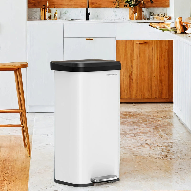 White 68L Kitchen Pedal Bin with Lid Large Metal Waste Rubbish Bin for Home by Songmics