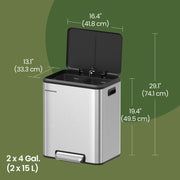 30L Dual Kitchen Bin for Waste and Recycling with Soft Close Lids by Songmics