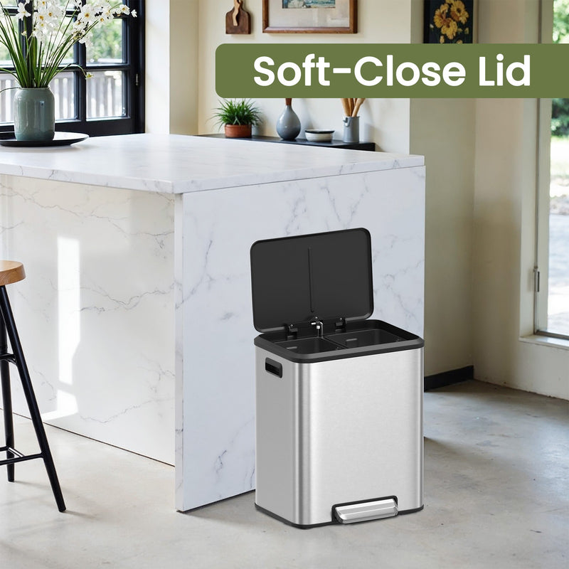 30L Dual Kitchen Bin for Waste and Recycling with Soft Close Lids by Songmics