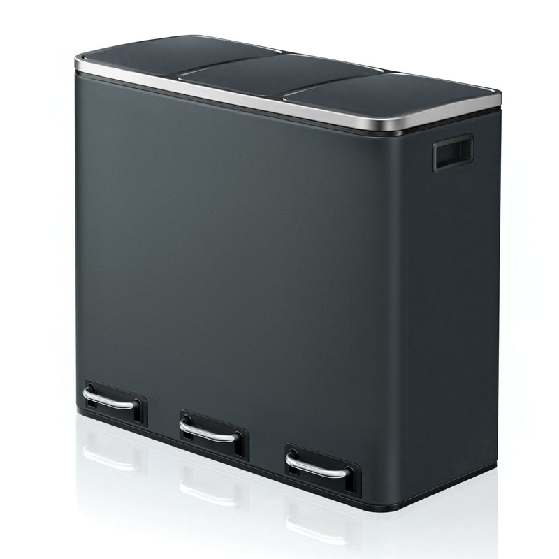 Songmics 3-compartment greenish grey kitchen bin, full front view
