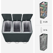 Dimensions diagram of the 3-compartment Songmics kitchen bin