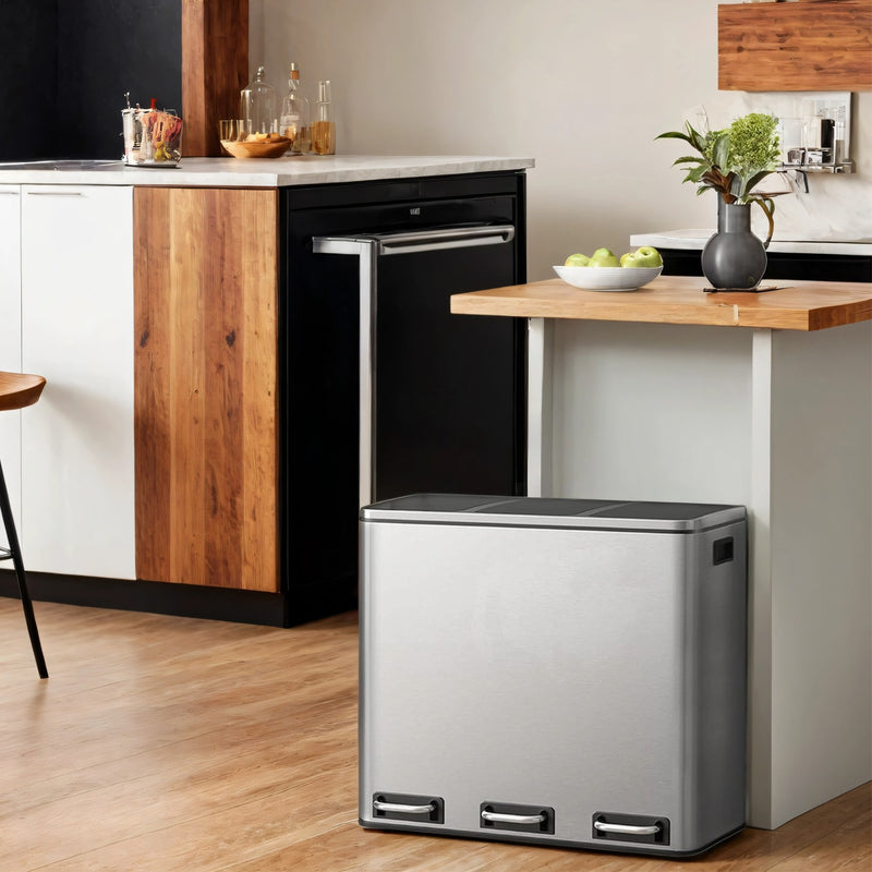 Triple Compartment Kitchen Recycling Bin 3 x 18L Waste Separator with Pedal by Songmics