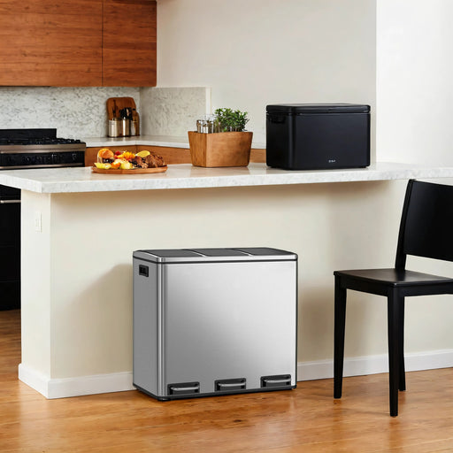 Triple Compartment Kitchen Recycling Bin 3 x 18L Waste Separator with Pedal by Songmics