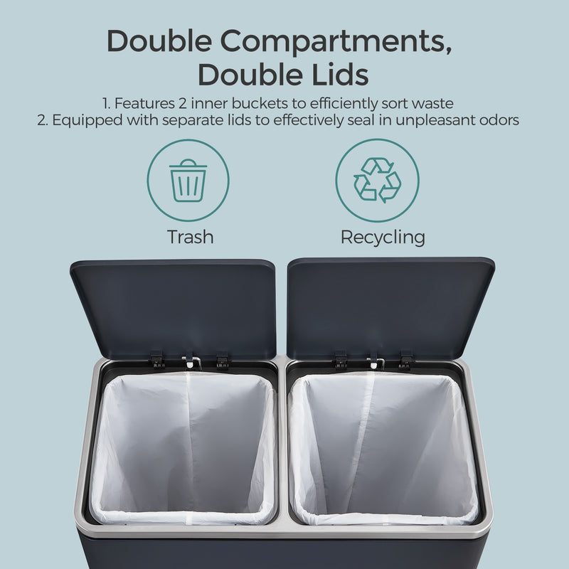 60L Double Kitchen Bin with Lids and Pedals Two Compartments for Easy Waste Sorting by Songmics