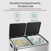 60L Dual Compartment Kitchen Bin with Lids and Pedal Operation for Easy Sorting by Songmics