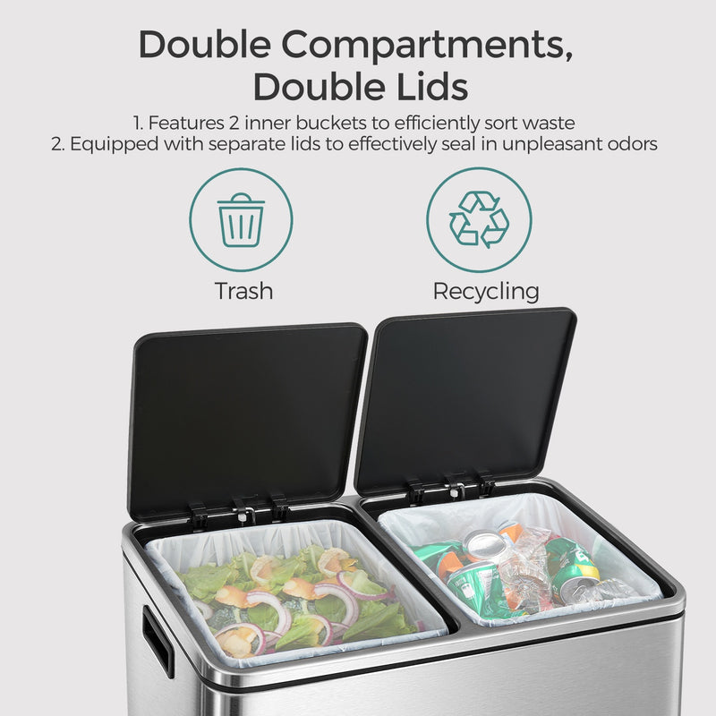 60L Dual Compartment Kitchen Bin with Lids and Pedal Operation for Easy Sorting by Songmics