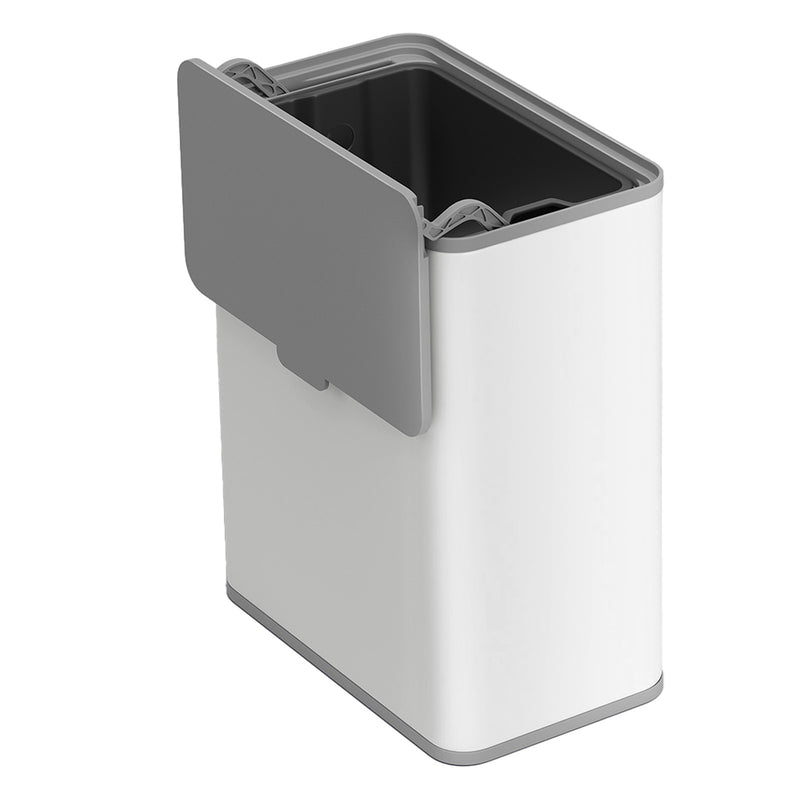 Songmics 8L steel compost bin hanging on a kitchen cabinet door