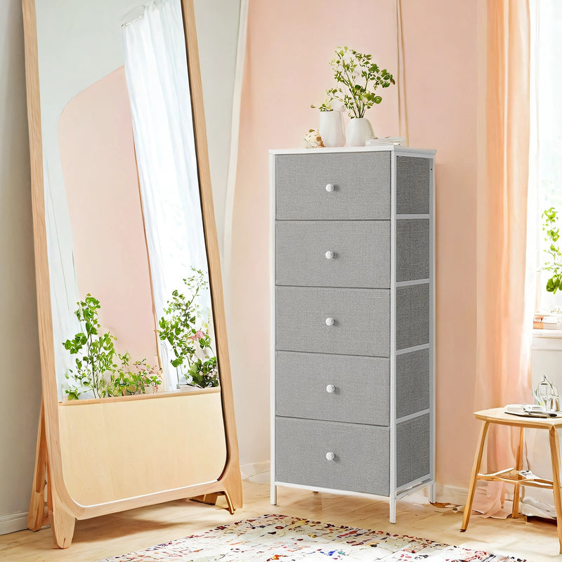 Grey Fabric Chest of Drawers with 5 Spacious Storage Compartments for Bedroom by Songmics