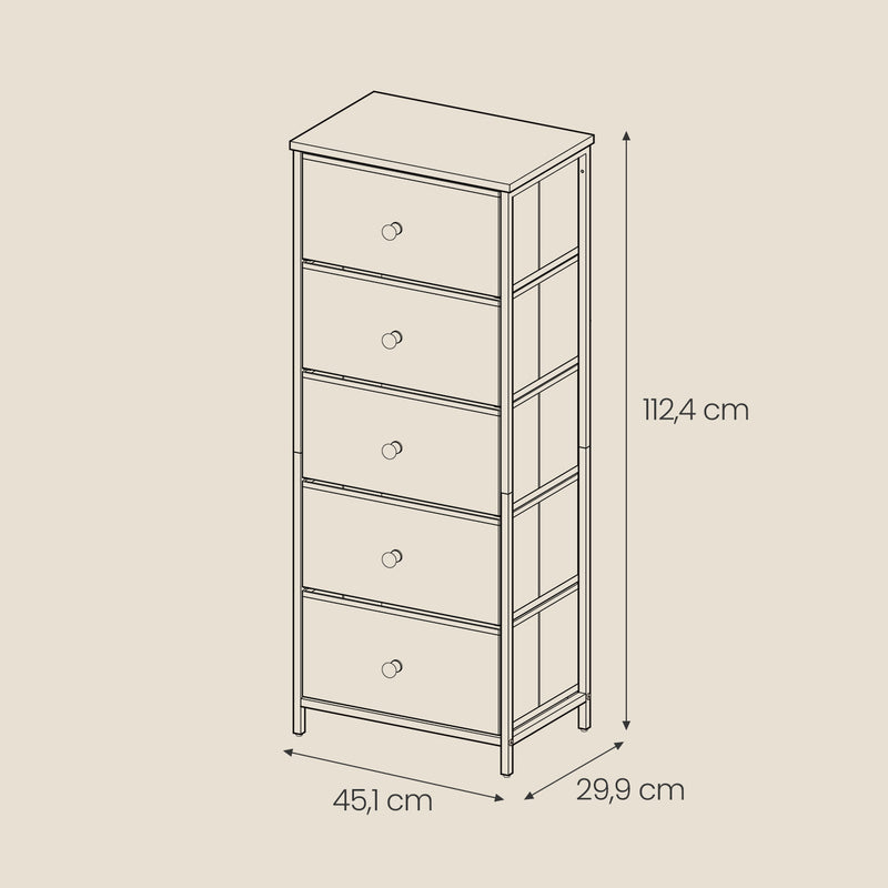 Grey Fabric Chest of Drawers with 5 Spacious Storage Compartments for Bedroom by Songmics
