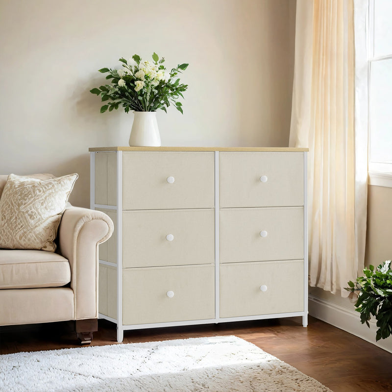 6 Drawer Fabric Dresser with Sturdy Metal Frame and Wooden Top for Bedroom Storage by Songmics
