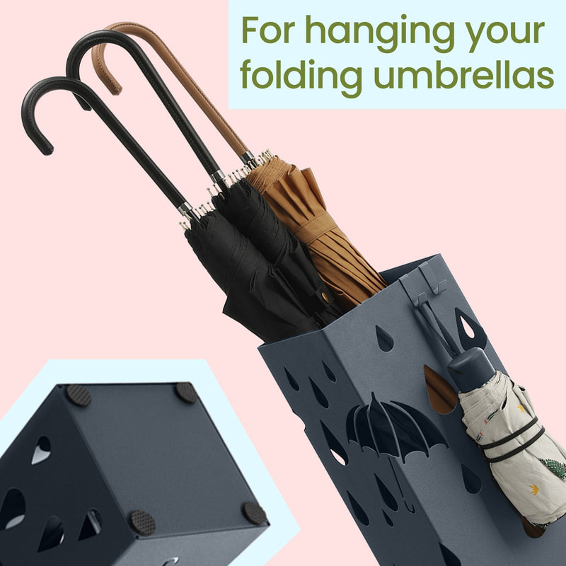 Grey Metal Umbrella Stand with Hooks and Drip Tray for Hallway Storage by Songmics
