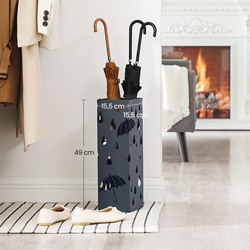 Grey Metal Umbrella Stand with Hooks and Drip Tray for Hallway Storage by Songmics