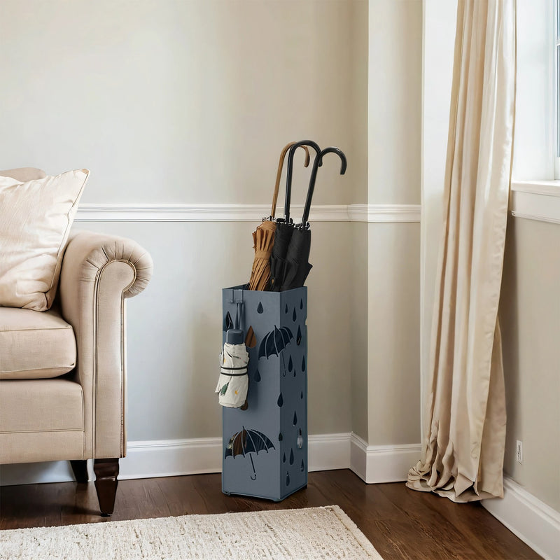 Grey Metal Umbrella Stand with Hooks and Drip Tray for Hallway Storage by Songmics