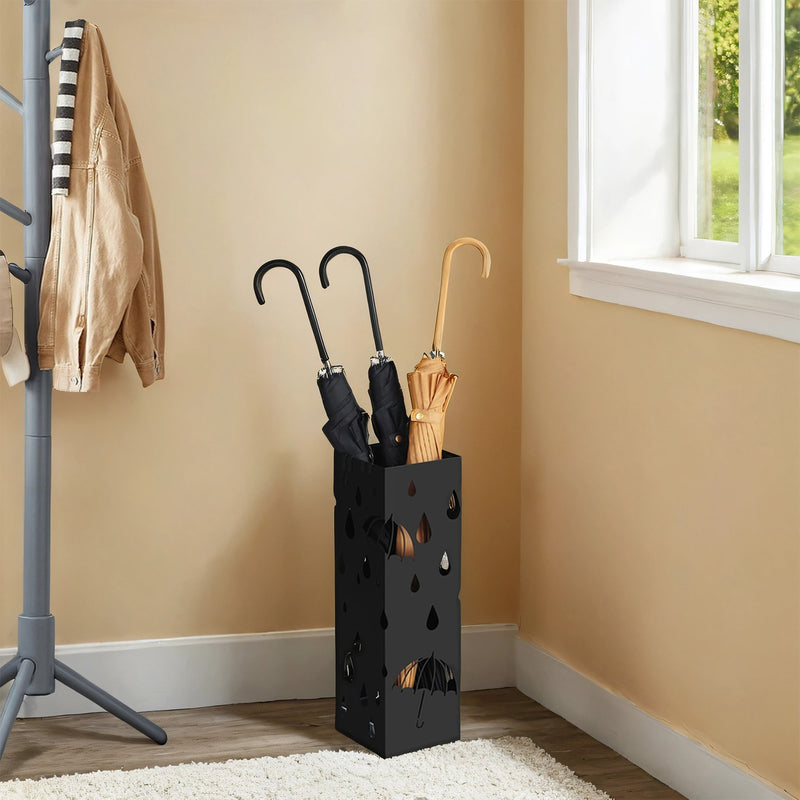 Black Metal Umbrella Stand with Hooks and Drip Tray for Hallway Storage by Songmics