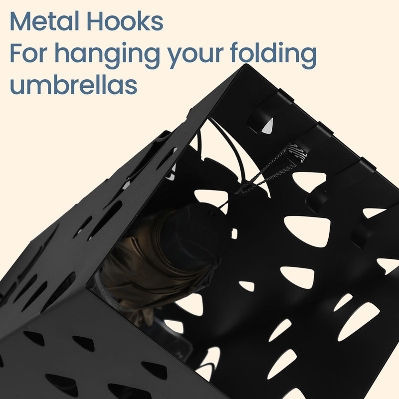 Black Metal Umbrella Stand with Hooks and Drip Tray for Hallway Storage by Songmics
