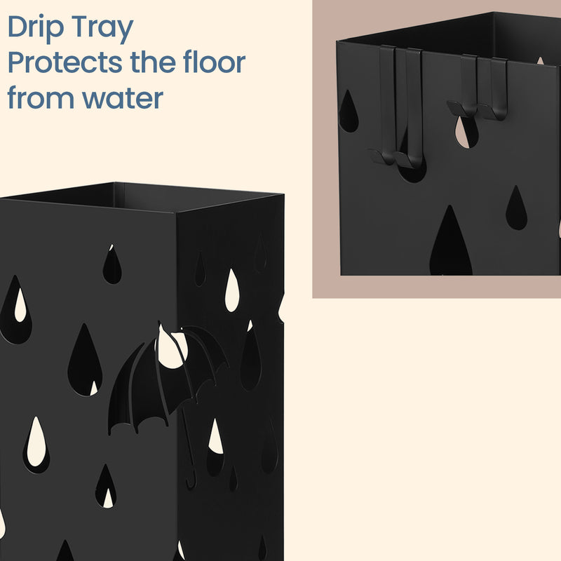 Black Metal Umbrella Stand with Hooks and Drip Tray for Hallway Storage by Songmics