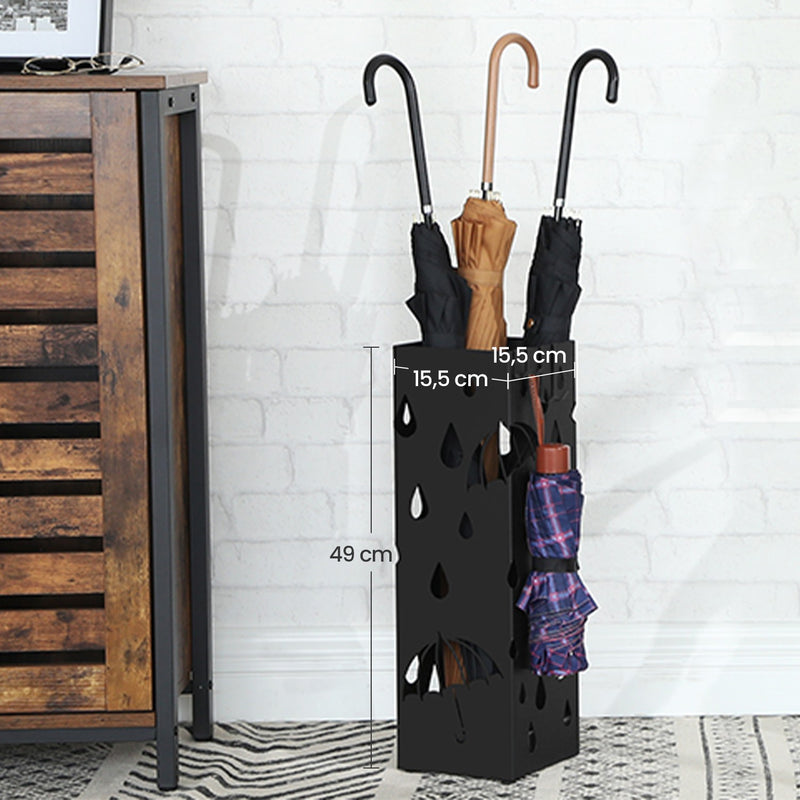 Black Metal Umbrella Stand with Hooks and Drip Tray for Hallway Storage by Songmics