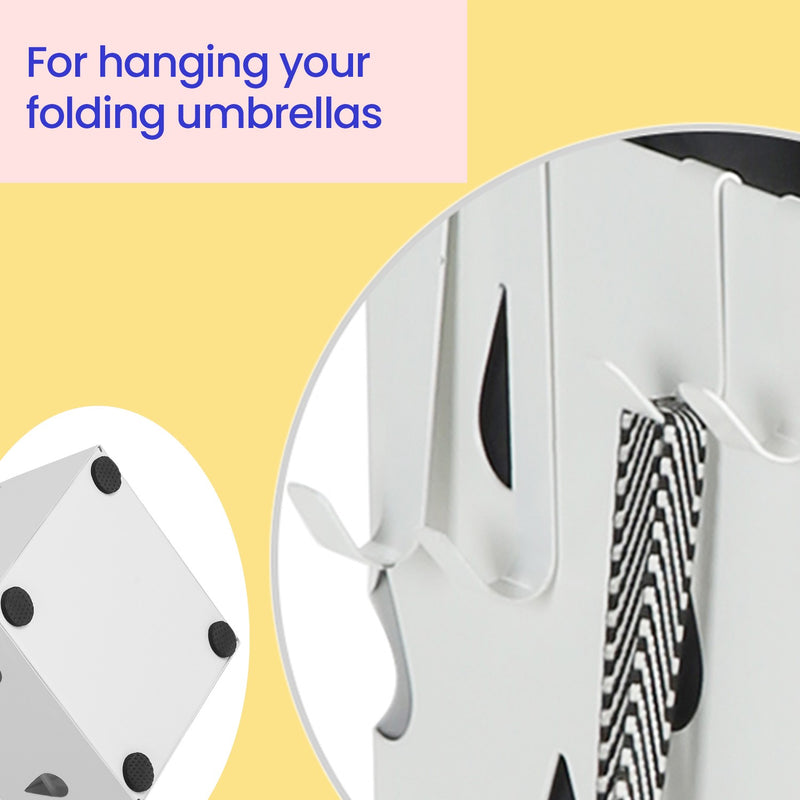White Metal Umbrella Stand with Hooks and Drip Tray for Hallway Storage by Songmics