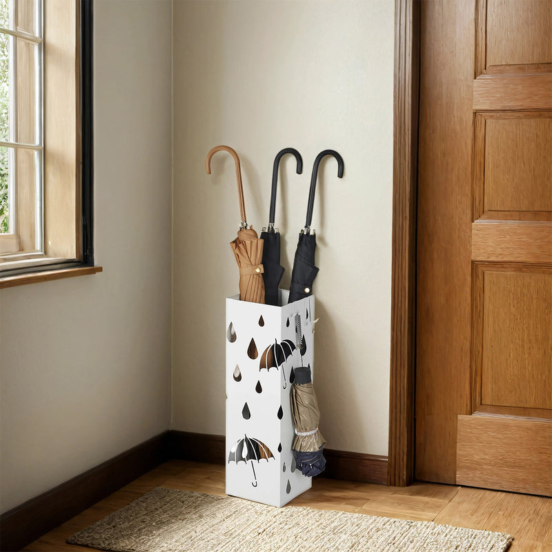 White Metal Umbrella Stand with Hooks and Drip Tray for Hallway Storage by Songmics