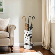 White Metal Umbrella Stand with Hooks and Drip Tray for Hallway Storage by Songmics