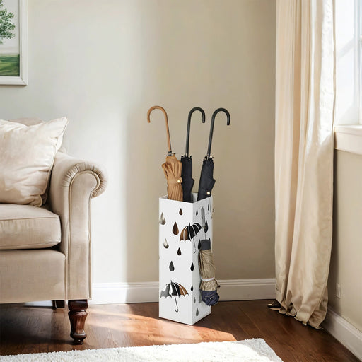 White Metal Umbrella Stand with Hooks and Drip Tray for Hallway Storage by Songmics