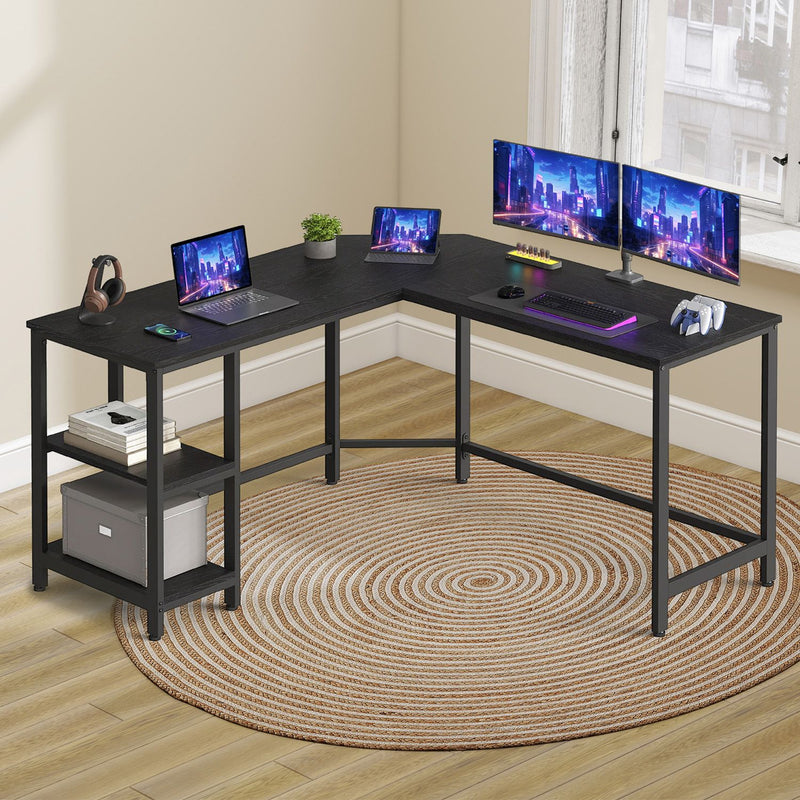 L Shaped Corner Computer Desk with Storage Shelves for Home Office in Ebony Black by Vasagle